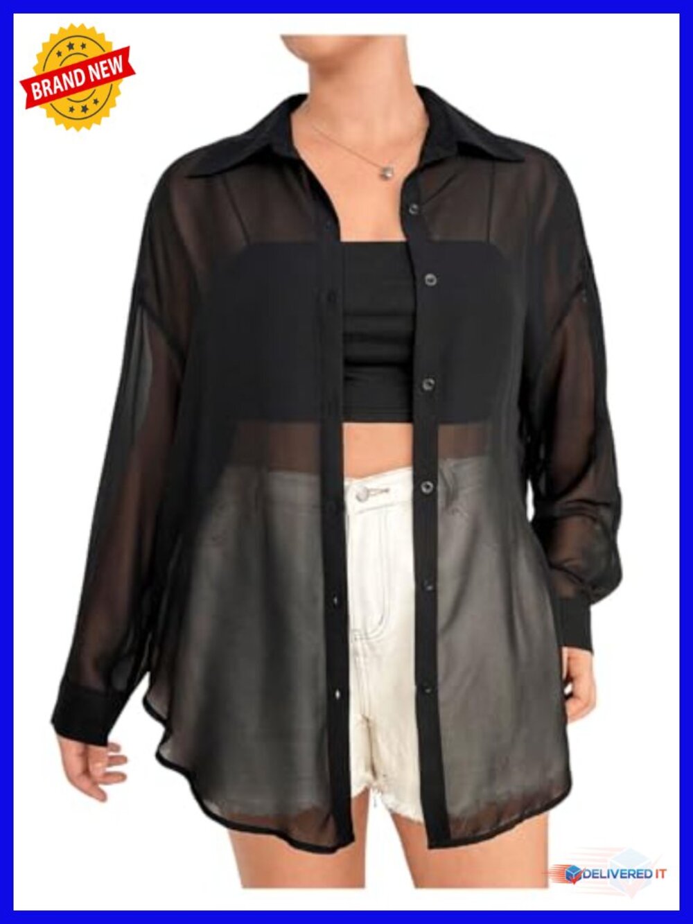Plus Size Mesh Sheer Long Sleeve Button Down Blouse Lightweight Layering Top